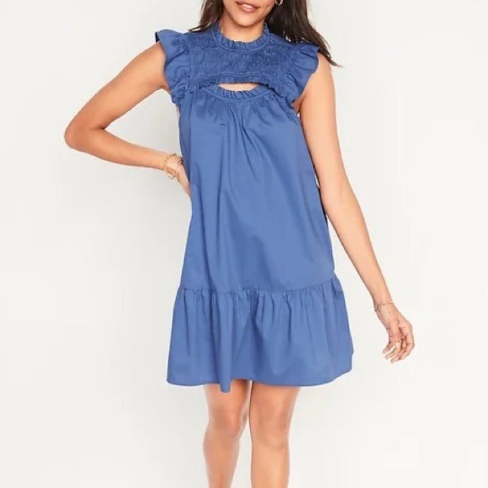 OLD NAVY Flutter-Sleeve Cotton-Poplin Smocked Cut-Out Mini Swing Dress